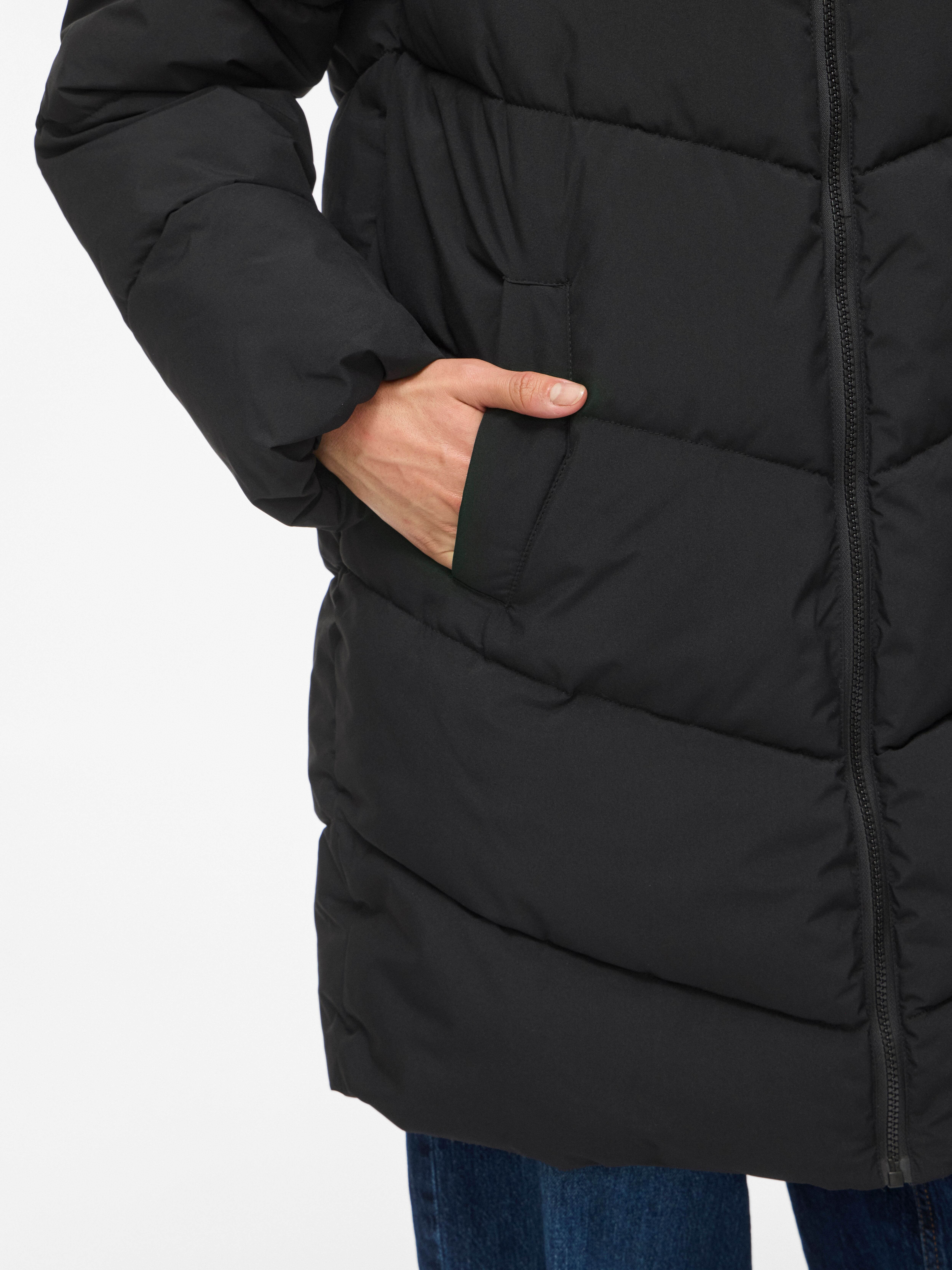 Steppmantel VILA "VILAVENDER L/S HOOD PUFFER/TB/RK", Damen, Gr. 36, schwarz (schwarz beauty), Web, Obermaterial: 100% Polyester, unifarben, ca. Mitte Oberschenkel, Mäntel Steppmantel, Kunstfaser schwarz beauty 36