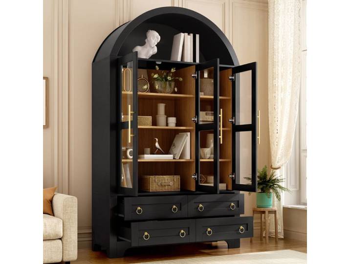 ULEVR Buffet haut noir 110 x 40 x 185 cm 3 portes vitrées 4 tiroirs et niche ouverte en arche