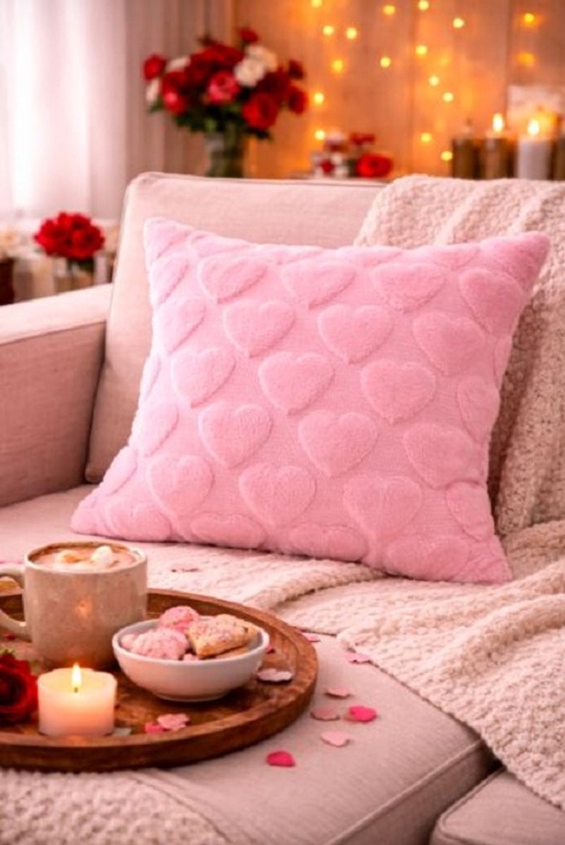 Velvet Fluffy Heart Collection Kussenhoes - Roze - 45 x 45 cm