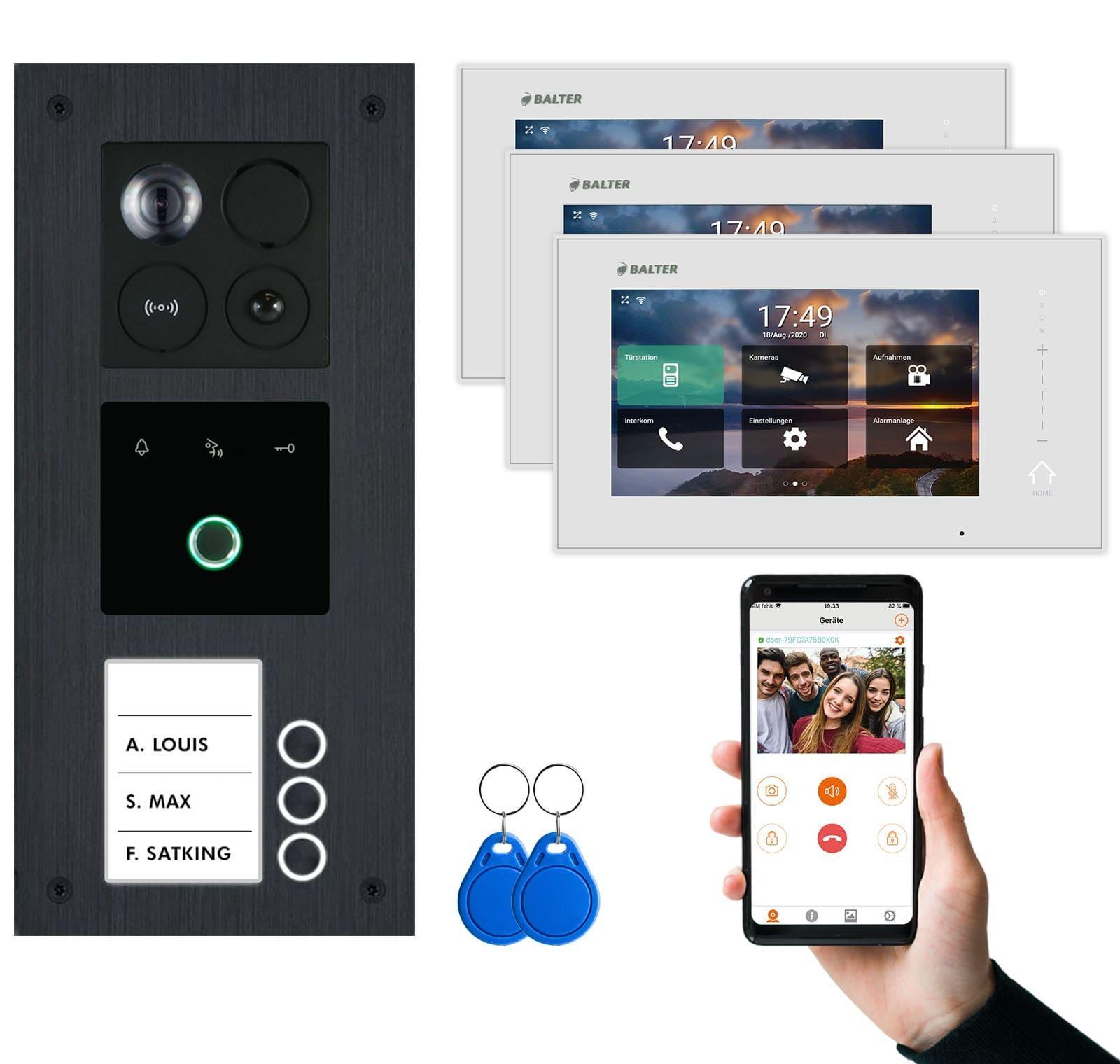 BALTER ERA IP Unterputz Schwarz 3x7" Weiß mit Fingerprint Video Türsprechanlage Set 3 Teilnehmer