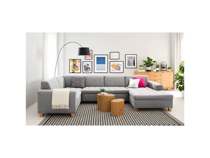 Wohnlandschaft Roblin Grau/Lichtgrau Webstoff Bona 333 x 80 x 199cm Longchair davorstehend rechts / Ottomane links Schlaffunktion Natur