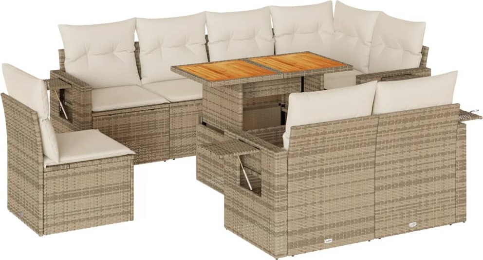 9-tlg. Gartenmöbel-Set, modulare Lounge-Sofagarnitur mit verstellbarem Tisch, Stauraum, Kissen, Beige Poly Rattan, Akazienholz
