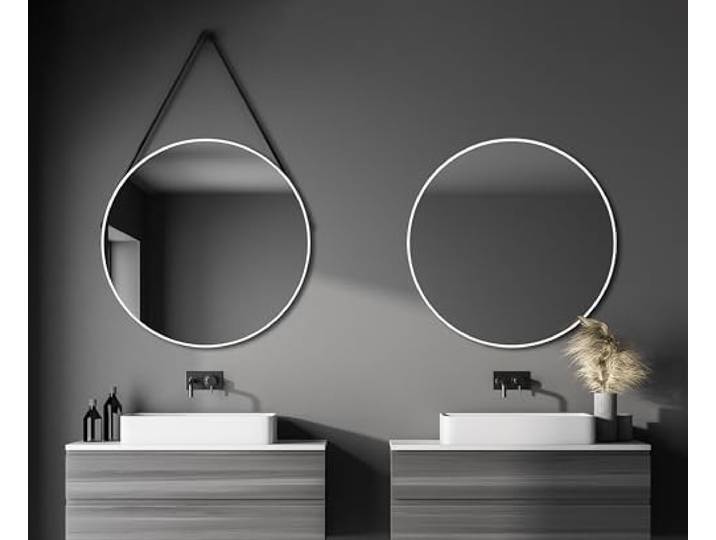 Talos White Style Spiegel rund Ø 80 cm – Runder Wandspiegel in matt weiß – Badspiegel mit Aluminiumrahmen – Trendiger Badezimmerspiegel mit Aufhängeband – Modernes Design für Badezimmer und Wohnung
