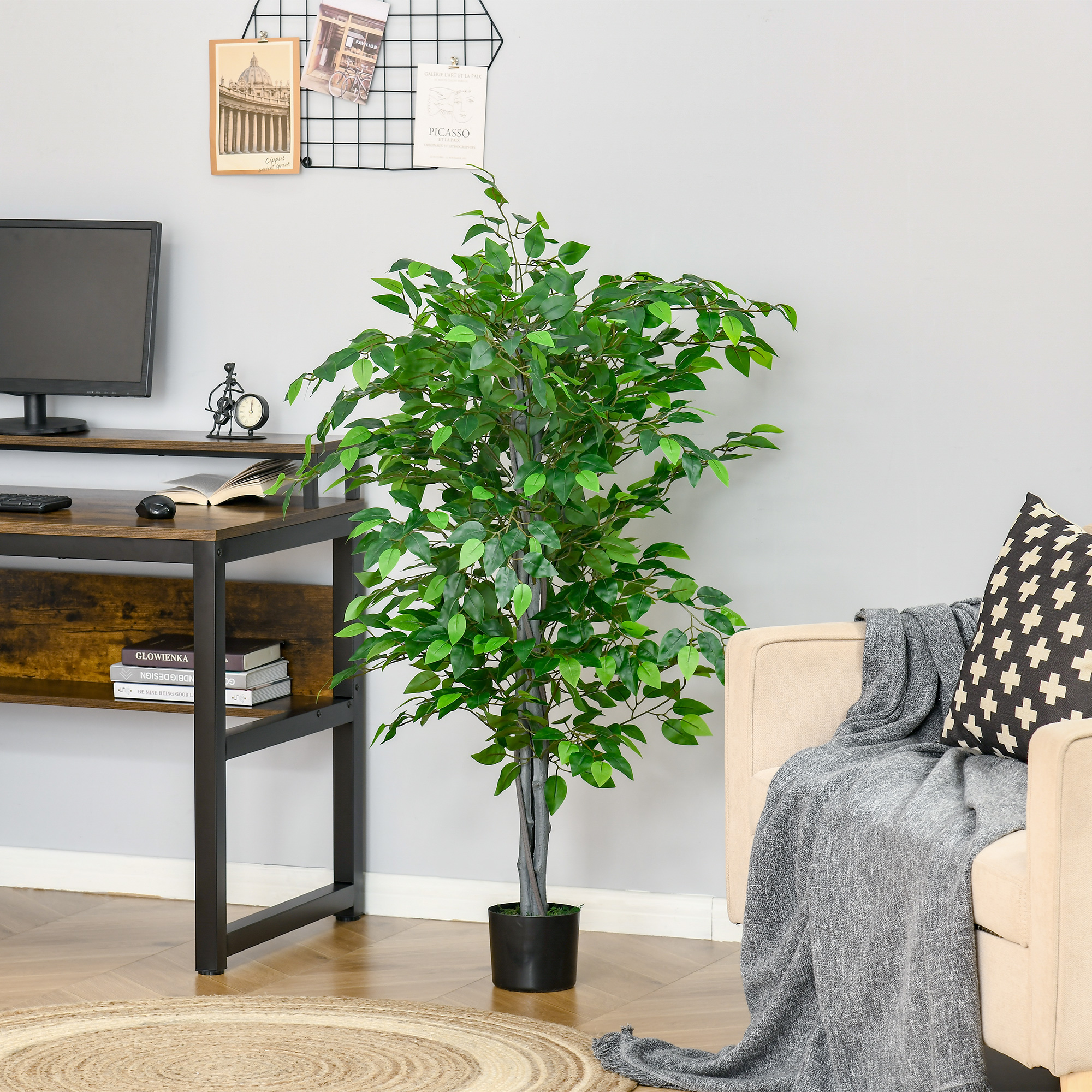 Homcom Pianta di Ficus Artificiale 135m in Vaso con 756 Foglie, Pianta Finta Realistica per Interno ed Esterno Aosom