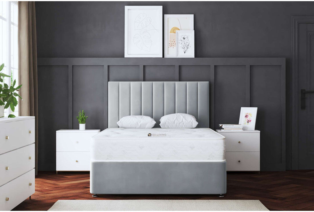 DS Living Upholstered Panel 2 Draw Divan Bed with Headboard Silver Small Double (4')