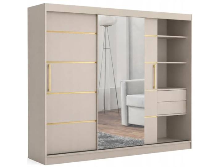 Brent - Kleiderschrank mit Spiegel und Schubladen 200cm Breit Chelsea Tomy, Schwebetürenschrank mit Spiegel, Schlafzimmerschrank, Kleiderschrank Cashmere/Gold