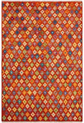 Treasured Knots Modern Balochi Velazquez Orange/Green Hand Knotted Wool Rug - 5'0'' x 6'6''