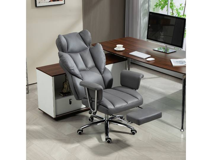 HOMCOM Chaise de bureau ergonomique, rembourrée, avec repose-pieds, dossier réglable, pivotante à 360°, Gris foncé