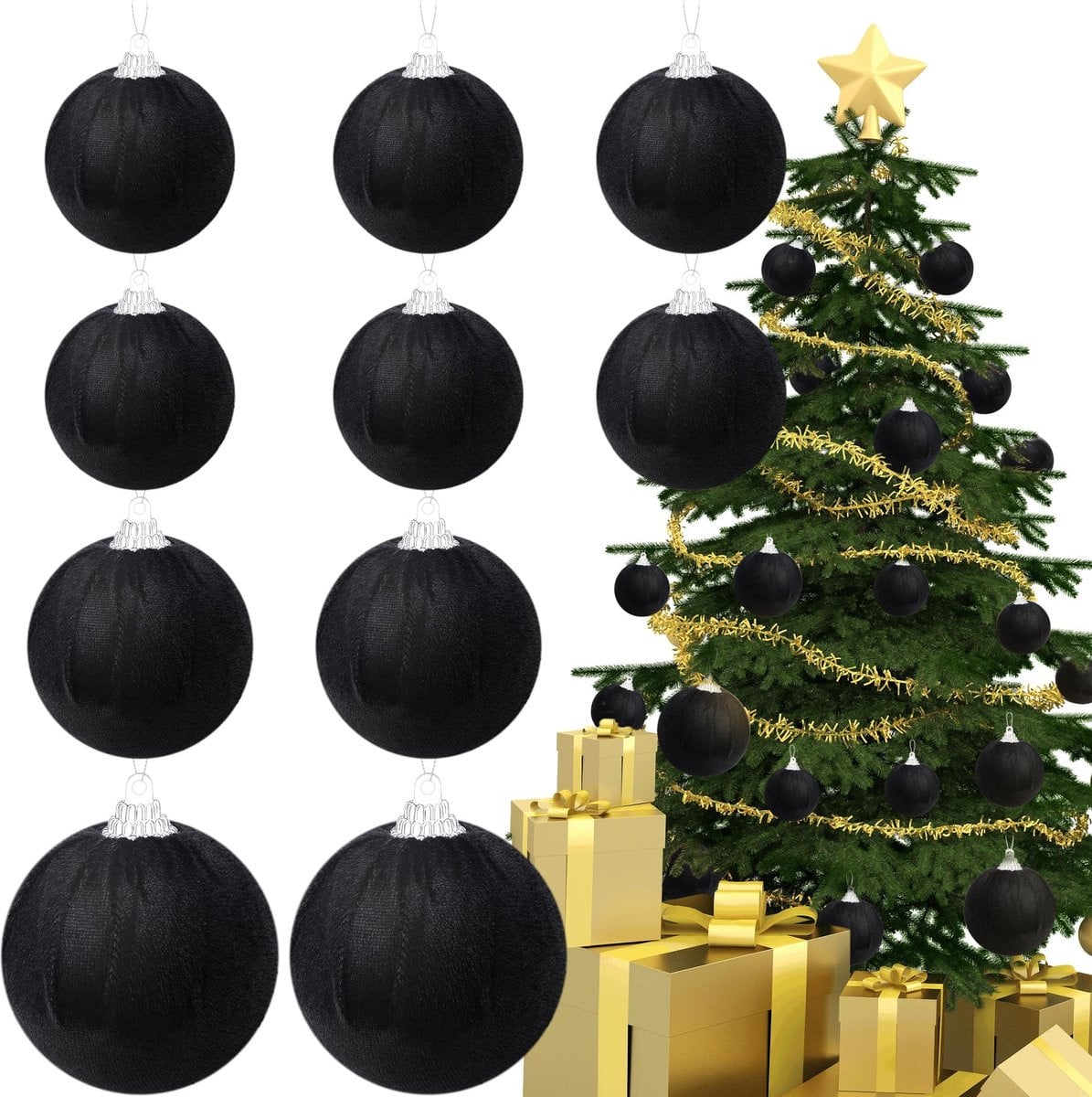 MTTproducts Set van 10 Onbreekbare Fluwelen Kerstballen - Zwart - Hangende Decoratie