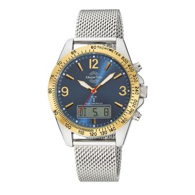 Funkchronograph MASTER TIME "Sporty", blau (stahlgrau, blau, blau), Armbanduhren, Herren, silberfarben-goldfarben, Quarzuhr, Armbanduhr, Herrenuhr, Edelstahlarmband, analog, digital