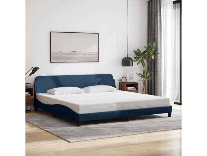 RJPLMFV Bettgestell, Stoff, Blau, 200 x 200 cm Mit Kopfteil, robusten Füßen, Sperrholz-Latten, modernes Wellendesign