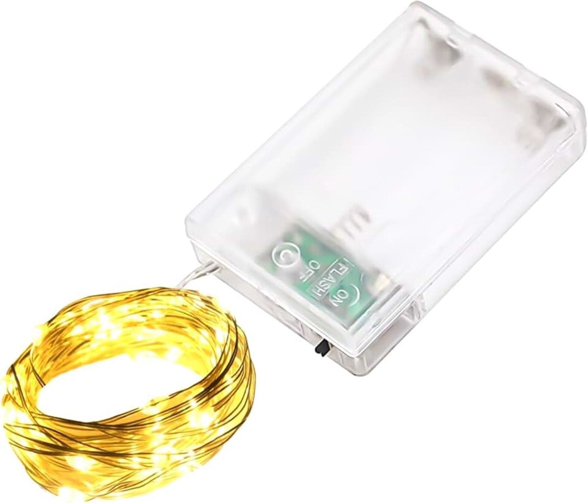 Warm wit LED-lichtsnoer met 100 LED op batterijen, 10 m waterdicht micro-lichtsnoer van koperdraad met 2 standen