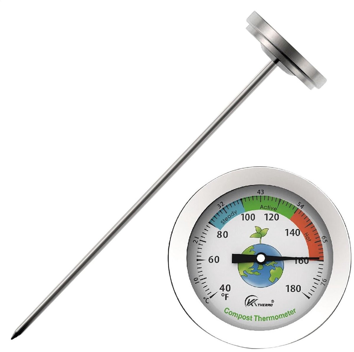 Grondthermometer in roestvrij staal voor tuinieren, 20 cm, zilver
