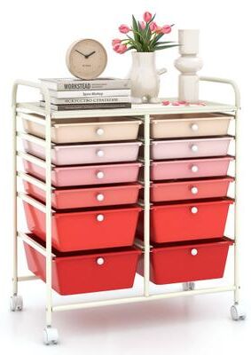 Costway 12-Drawer Rolling Storage Cart with Removable Drawers and Lockable Wheels-Pink