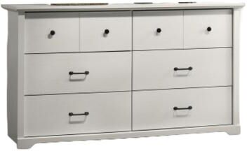 Benjara Jori Wide Dresser, 6 Drawers with Split Top, Black Handles, White