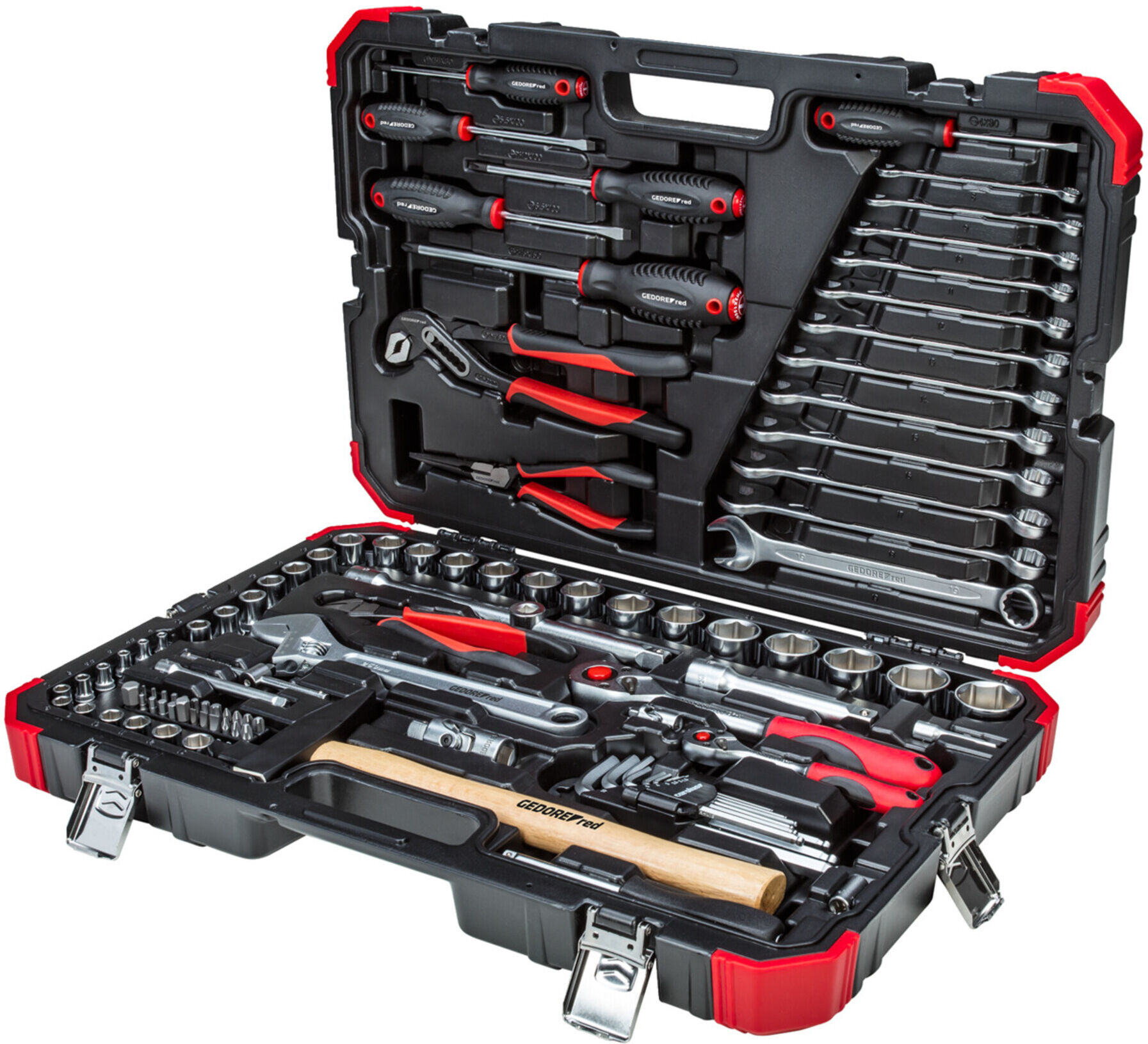 Gedore red Steckschlüsselsatz, 100-teilig, Mit Umschaltknarre, Ratsche, Steckschlüssel und Bitsatz, Hammer, Ringmaulschlüssel und Zangen (3300063)