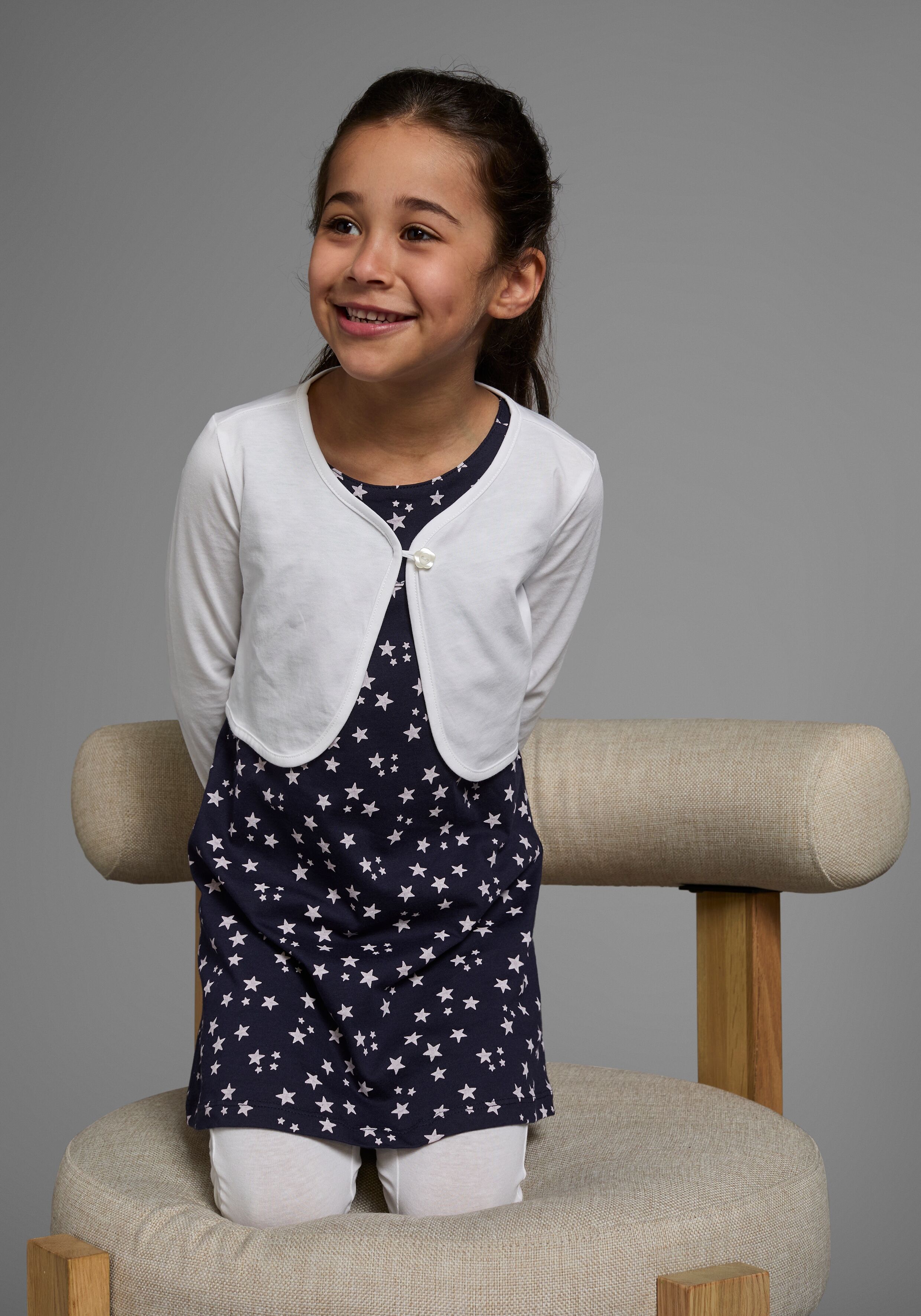 Bolero, Kleid & Leggings KIDSWORLD "3tlg. Set, Komplett Outfit mit Sternenmuster", Mädchen, Gr. 140/146, weiss (blau, weiß), Jersey, Obermaterial: 100% Baumwolle. Obermaterial Hose: 95% Baumwolle, 5% Elasthan, bedruckt, KOB Set-Artikel Bolero Kleid & Legg