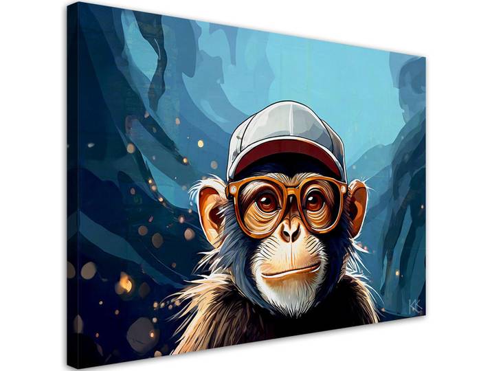 Feeby Leinwandbild Jugendlicher Affe 100x70cm, Blau, Tiere, Rechteckig, 100x70 cm, Bilder & Rahmen, Bilder, Leinwandbilder