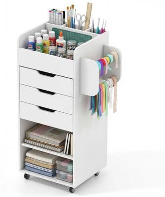 Costway Utility Trolley with Open Shelves and 3 Drawers-White