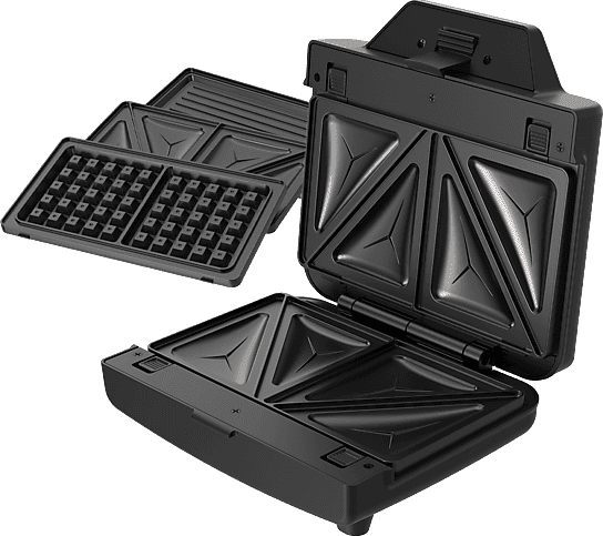 Sandwichera - Taurus Miami Legend Ver II, 3 placas desmontables e intercambiables: sándwich, grill y gofre, Antiadherente, 900 W, Plateado