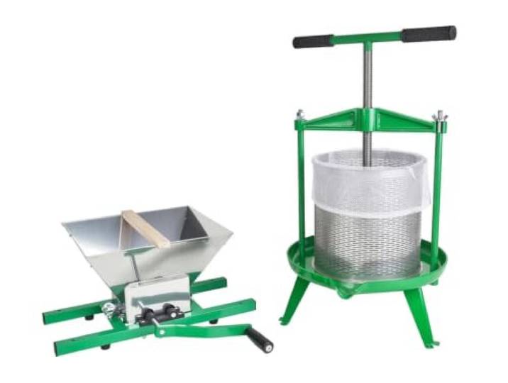 P. Lindberg Obstpresse- & Zerkleinerer-Set, 14-Liter-Presse & 7-Liter-Mühle Set zur manuellen Apfelweinherstellung mit Presstuch & Edelstahlkorb, für Äpfel, Birnen & Trauben, zur Wein- & Saftgewinnung