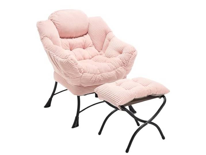 SEEDWAVE Sessel Flanell Armlehnstuhl Ohrensessel mit 1 Fußhocker, 1 Seitentasche, (Relaxsessel mit Hocker), Der Polstersessel mit Stahlgestelle (Rosa)