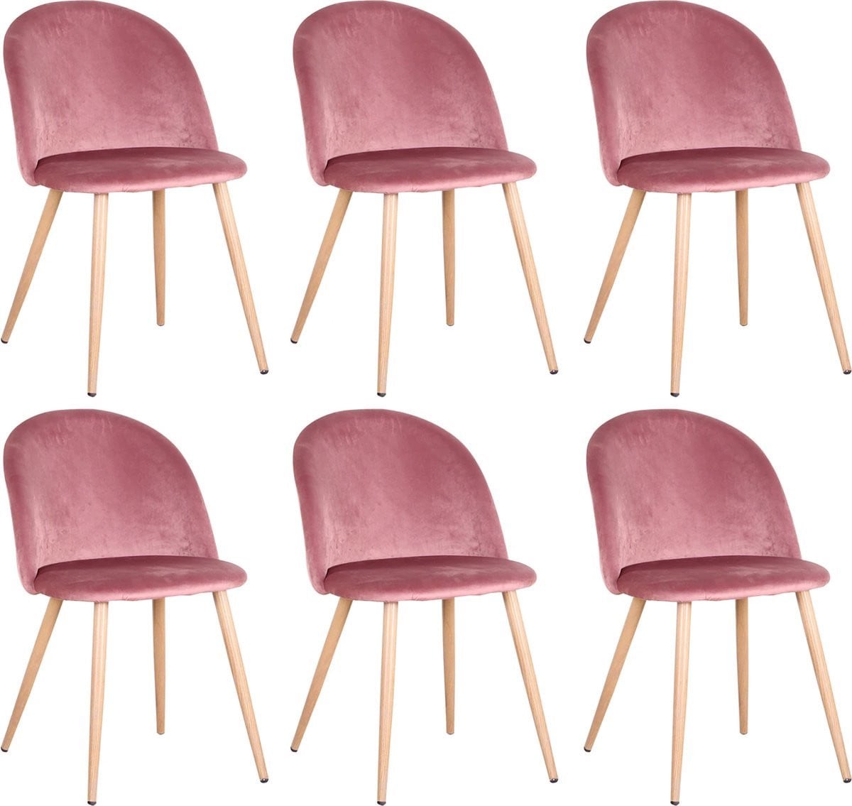 Set van 6 luxe fluwelen eetkamerstoelen - Roze