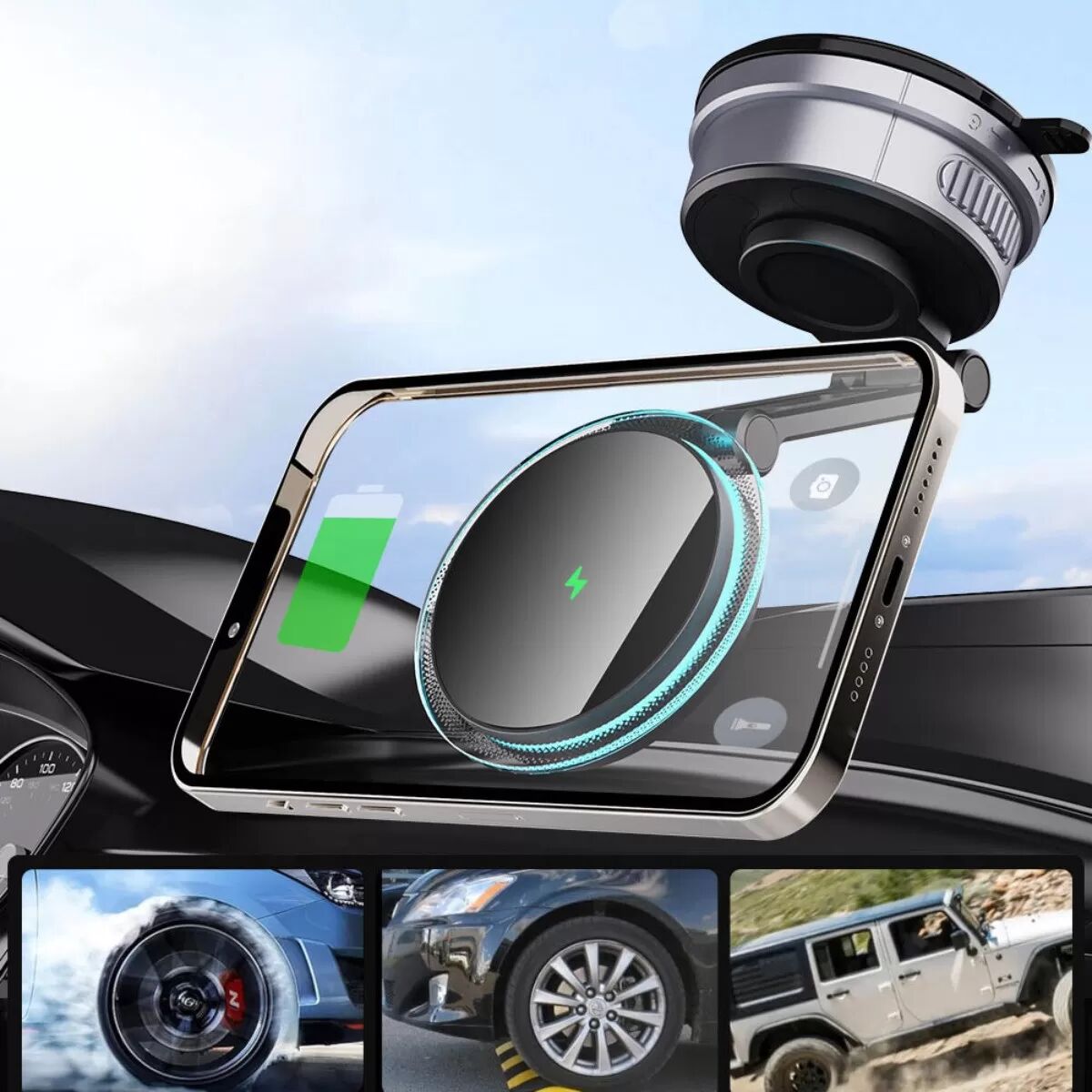 INF Support voiture magnétique 15W avec lumière ambiante bleue, ventouse tableau de bord, bras réglable 360°, noir, compatible