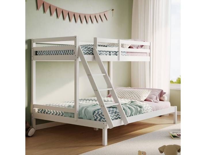 Lit superpose pour enfant - Couchage 90x200cm +140x200cm - Lit en bois massif - Lit double couchage - Barrière anti chute - Blanc