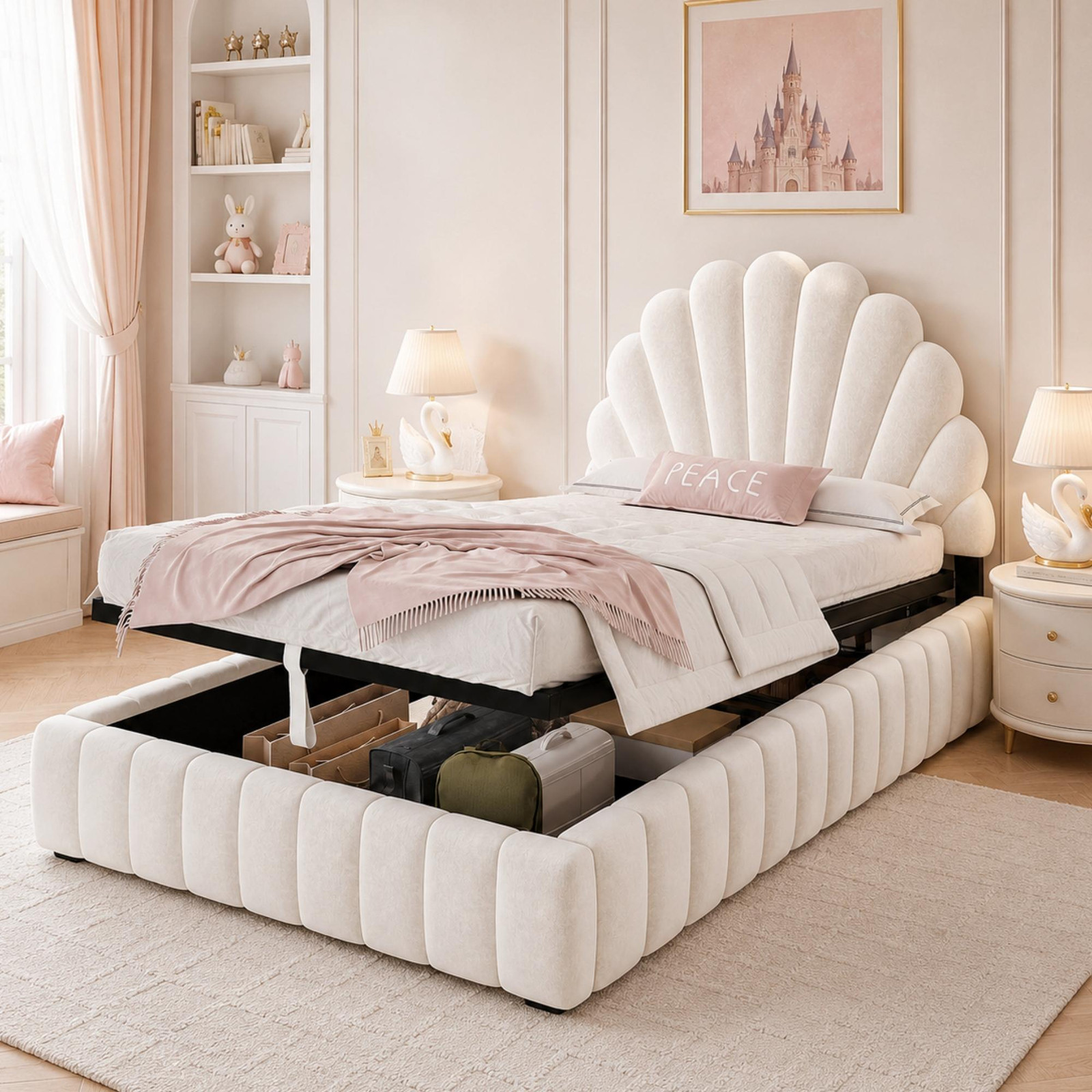 ALFORIGO Babybed met hydraulische opbergruimte en fluwelen bekleding in beige, 90 x 200 cm
