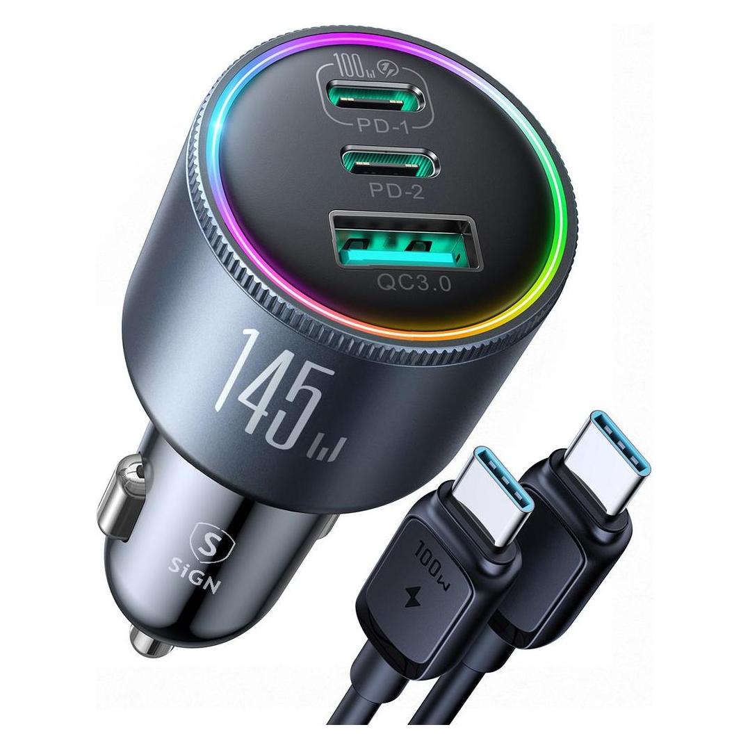 SIGN Car charger 145W with 2x USB-C & 1x USB-A - PD & QC3.0 (SN-CCN07)