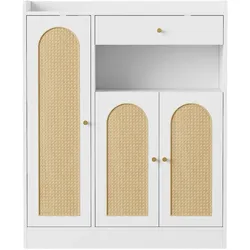 MODFU Schuhschrank aus MDF/Spanplatte mit Rattan, Weiß/Natur, 90x35x110 cm