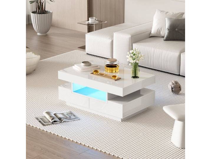 Table basse - LANGTU - 80x50x36 cm - blanc brillant - 4 tiroirs - barre lumineuse LED