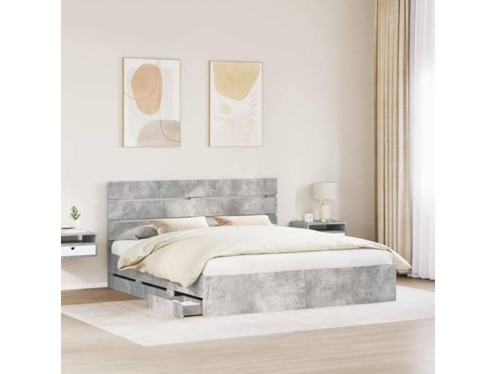 KTHLBRH Bett 180 x 200 cm mit Stauraum grau Beton Technisches Holz, minimalistisches Design, mit Schublade, robuste Struktur