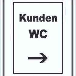 Kunden WC Schild mit Text und Richtungspfeil rechts Toilette hochkant A3 Rückseite selbstklebend