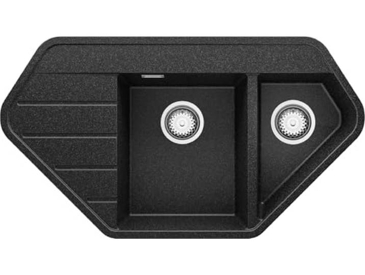 PRIMAGRAN Spülbecken ab 70er Unterschrank + Ablauf-Set, 90x50cm Set: Ablauf-Set (Siphon, Ablaufgarnitur, Überlauf) + Granitspüle 1,5 Becken - Kopenhagen, Anthrazit