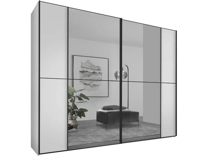 Schwebetürenschrank, Weiß, 298x240x68 cm, Holzwerkstoff, Mit 4 Ausstattungsvarianten, Modern, Staud