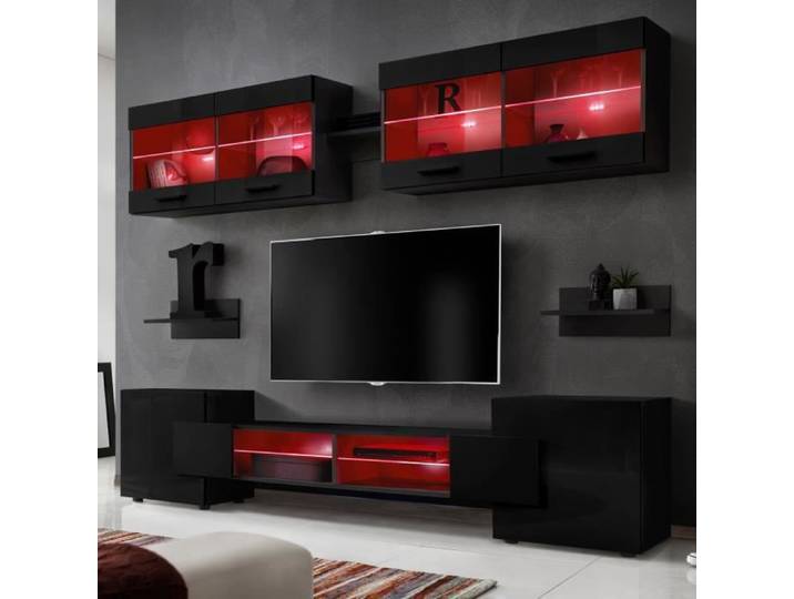 Ensembles de meubles TV Foggia Komodee - LED RGB - Noir Brillant - L235cm x H195cm x P35cm
