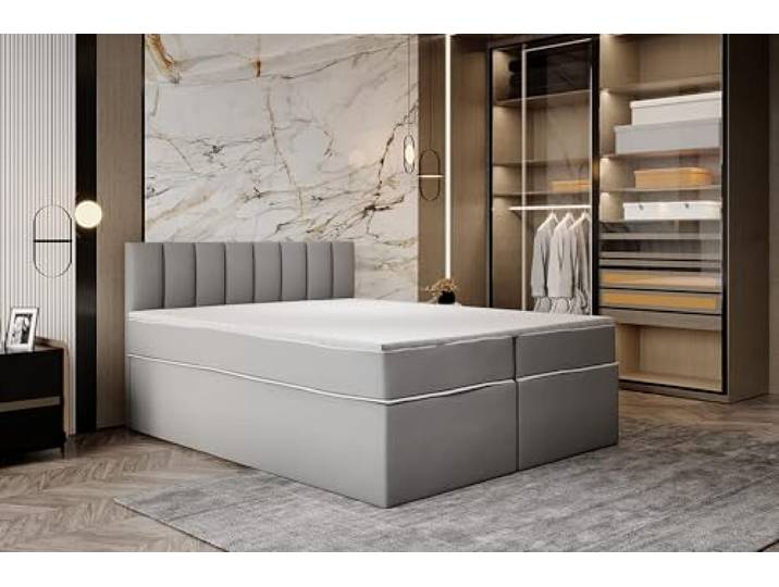 TRADA Hoches Boxspringbett 120x200 cm mit Taschenmatratze, Grau Model MIAMI, Elegantes Polsterbett mit Topper aus Viscoschaum