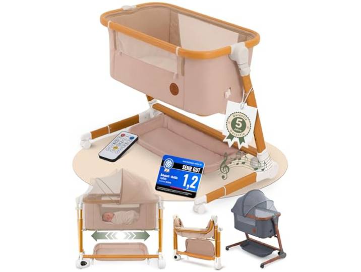 LepiBaby Elektrisches Babybett mit Rollen, Beistellbett Baby Boxspringbett 5 in 1 Stubenwagen Höhenverstellbar, Reisebett Baby mit Matratze, Babywiege 0 bis 12 Monate, Bassinet mit Musik, MaliDa Beige