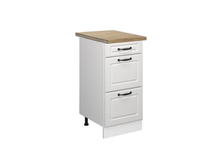 Vicco Küchenunterschrank R-Line, Weiß Landhaus, 40 cm MDF-Front · Arbeitsplatte Eiche · Höhenverst. Füße · Leichter Zugriff · Frei kombinierbar