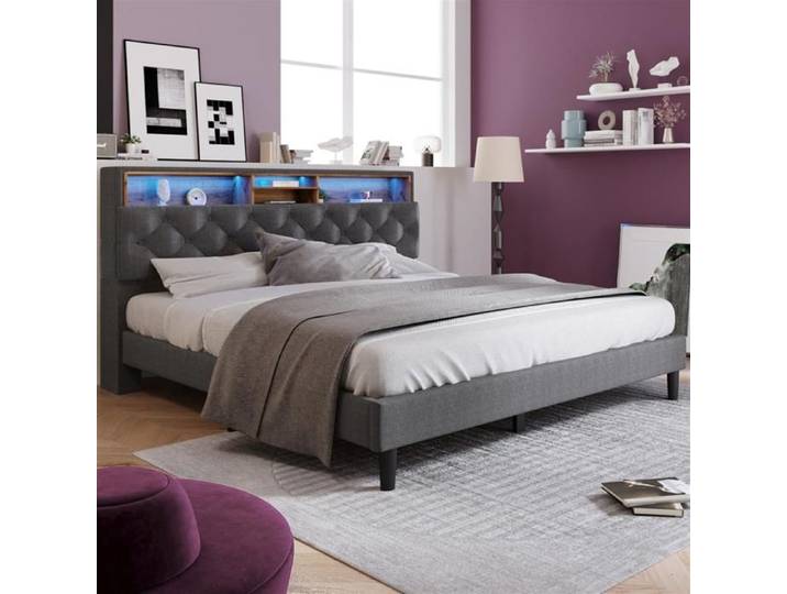 Lit double - GUTENT - 140x200CM - Rembourré - Espace de rangement - Éclairage LED