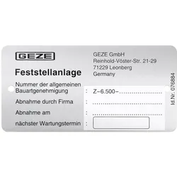 GEZE Zulassungsschild Feststellanlagen