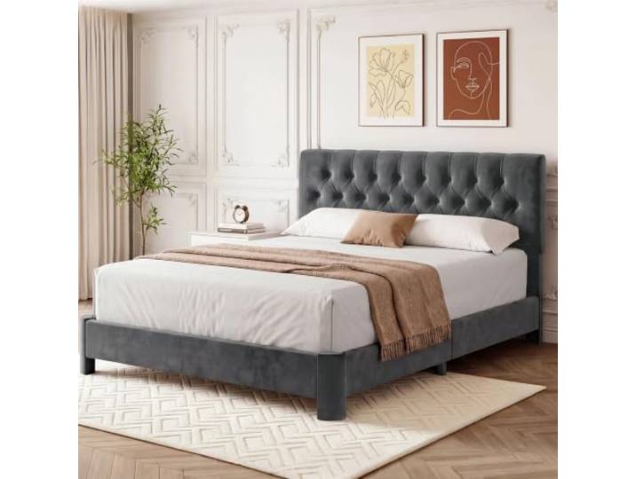Vipbear Polsterbett 160x200cm Doppelbett, Einfache Montage, Bett 160x200 Samt Plattform Bettgestell, Verstellbare Kopfplatte, Massivholzlatten, Lärmfrei, Keine Boxfeder erforderlich, Grau