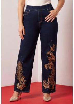 Plus Size Women's Plus Size 360° Stretch Wide Leg Jean by Denim 24/7 by Roamans in Dark Wash Denim Indra Embroidery (Size 32 W)