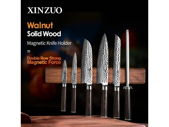 XINZUO porte-couteau magnétique 40cm support mural pour couteau en métal bloc de noyer en bois massif outils de cuisine à Force magnétique puissante