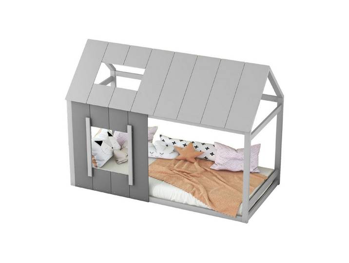 Flieks Kinderbett, Massivholz Einzelbett Hausbett mit Dach und Fenster 90x200cm