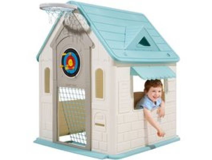 VEVOR Maisonnette pour Enfants 5 en 1, Maison de Jeu Extérieur pour Tout-petits à Partir de 2 ans, Cabine de Jardin pour Enfants avec Jeux de Simulation, Basket-ball, Fléchettes, Arrière-cour
