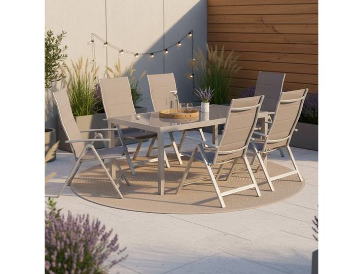 Gartenmöbel Set 7-tlg. Taviano Metall/Textil/Glas