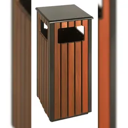 PROREGAL Eckiger Abfallbehälter aus Metall in Holzoptik für den Außenberreich | 36 Liter, HxBxT 81x35x35cm | Holzoptik, Abdeckung Schwarz